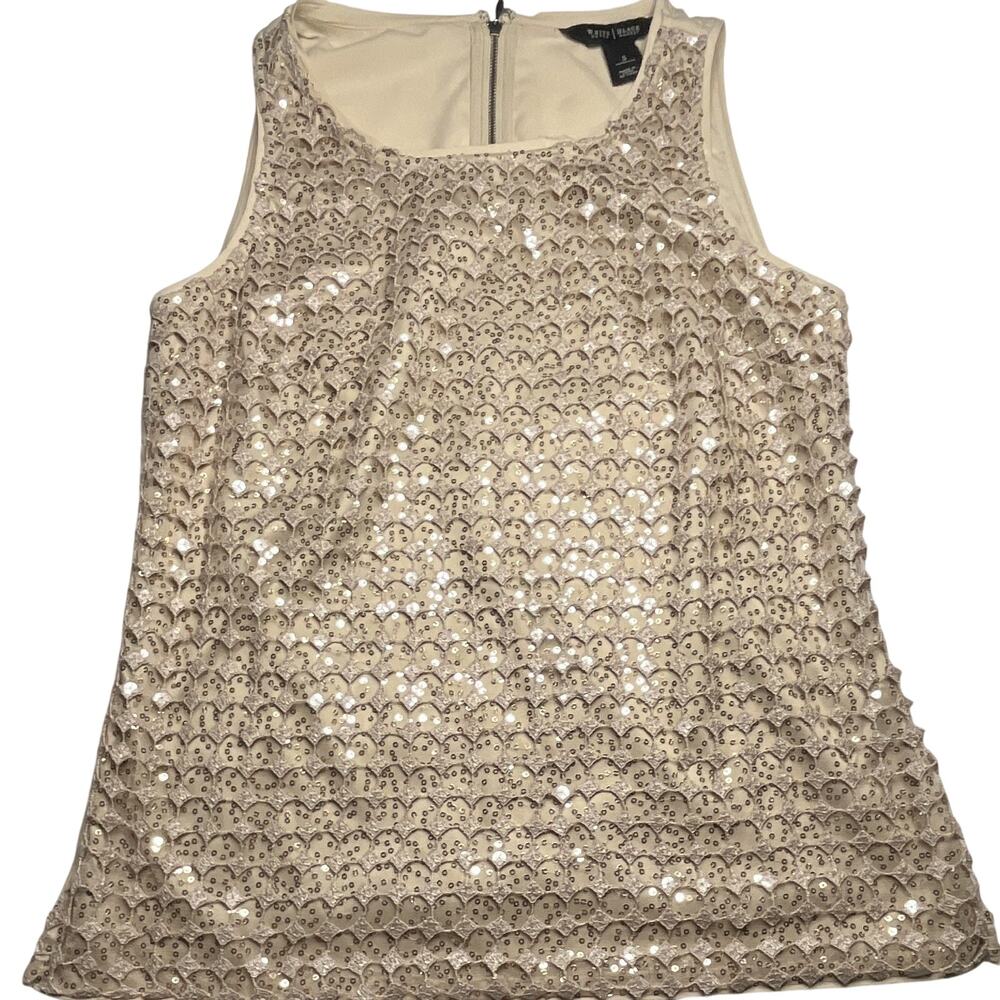 White House Black Market Women’s S Beige Sequin Mesh Scoop Neck Tank Zip Back 22